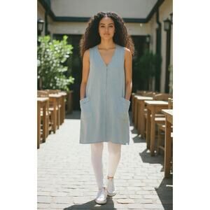 Ann Mashburn Luxe Linen Textured Full Zip Front Shift Dress‎ Baby Blue Size XS